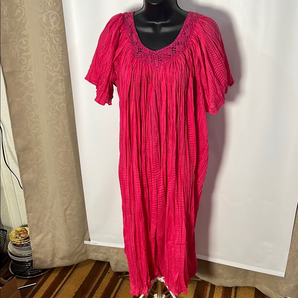 Pink Pleated Ruffled Maxi Sundress